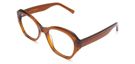 Handmade acetate glasses in a funky cat-eye shape, lightweight, comfortable, and highly durable.