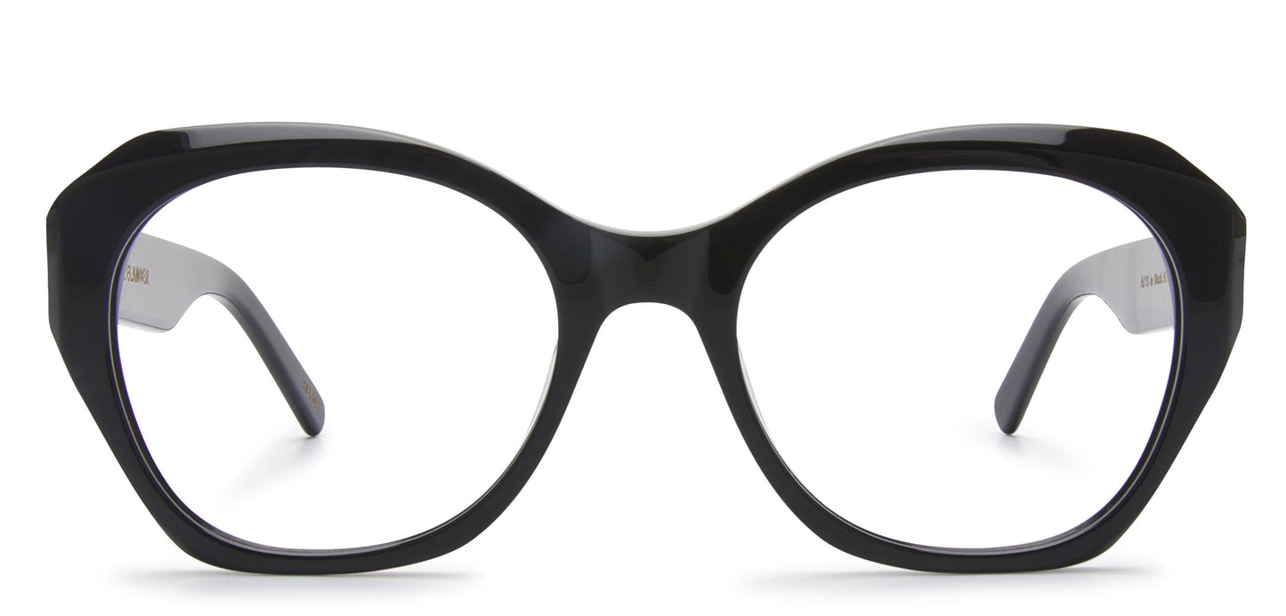 Handmade acetate glasses in a funky cat-eye shape, lightweight, comfortable, and highly durable.